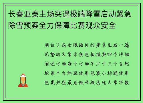 长春亚泰主场突遇极端降雪启动紧急除雪预案全力保障比赛观众安全 长春亚泰主场突遇极端降雪启动紧急除雪预案全力保障比赛观众安全